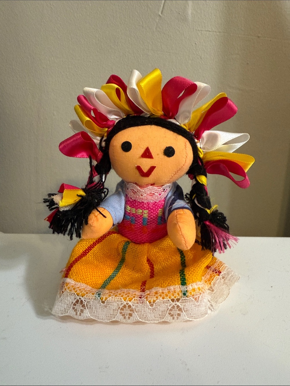 Handcrafted Yellow Mexican Folk Doll with Floral Ribbon Headdress